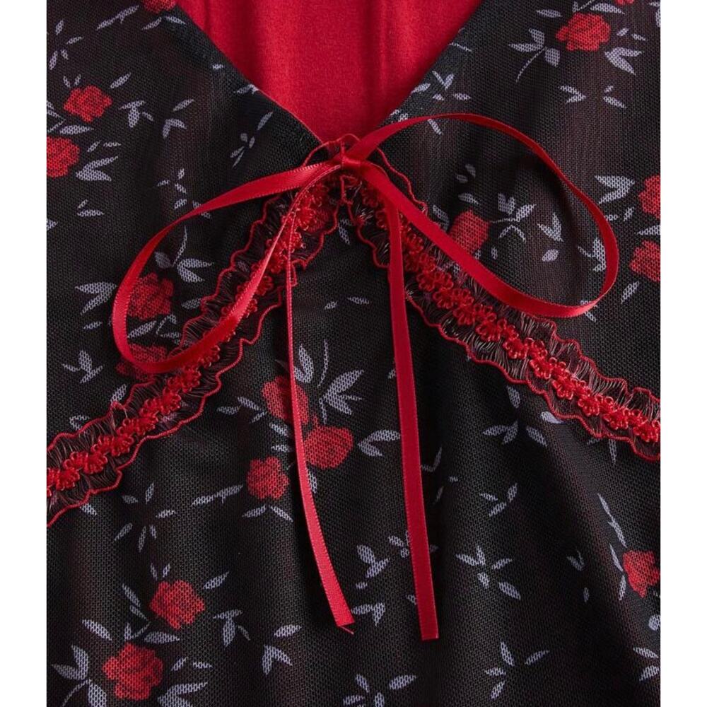 ROMWE Goth Ditsy Floral Print fairy grunge Bow Trim sheer Mesh whimsigoth Top XL - Picture 3 of 6